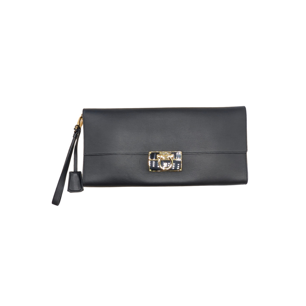 Salvatore Ferragamo Black Leather Gancini Afef Large Clutch Wristlet Bag
